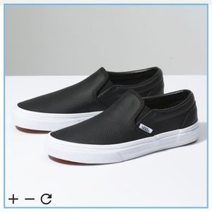Black Leather Perforated Vans Slip On’s